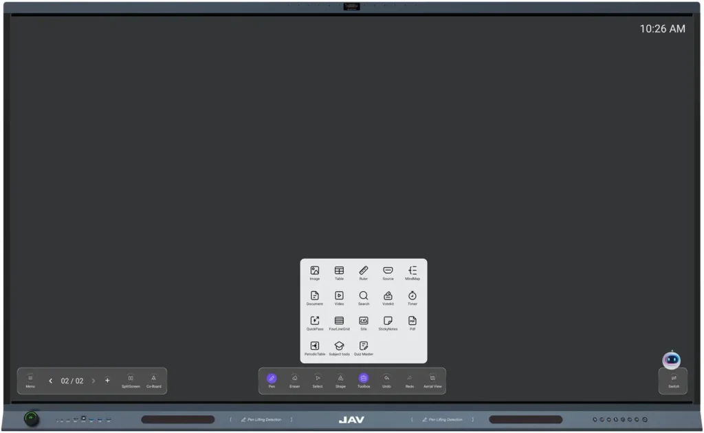 JAV Board 19 interactive whiteboard's whiteboard app interface