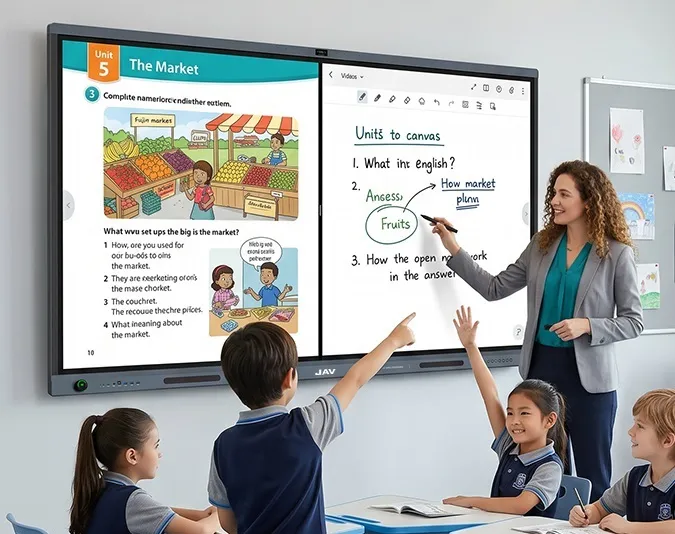 Teacher using an interactive whiteboard for education to engage students in an English class