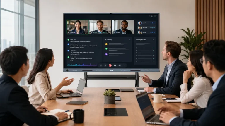 JAV Board 19 interactive display as video conferencing hardware for hybrid meetings.
