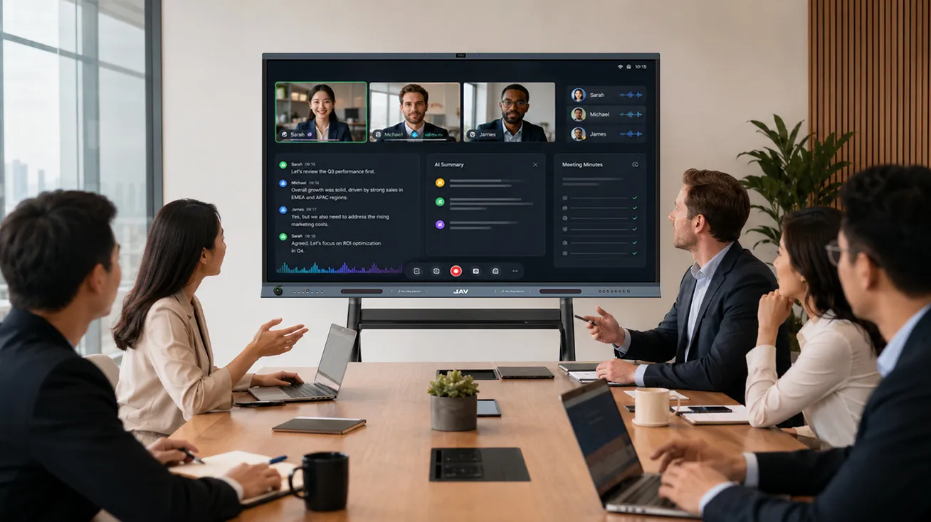 JAV Board 19 interactive display as video conferencing hardware for hybrid meetings.