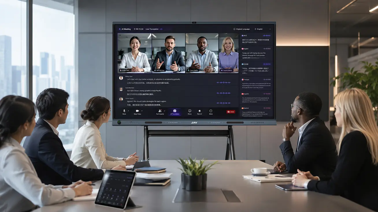 Teams using JAV Board 19 interactive display for hybrid meeting