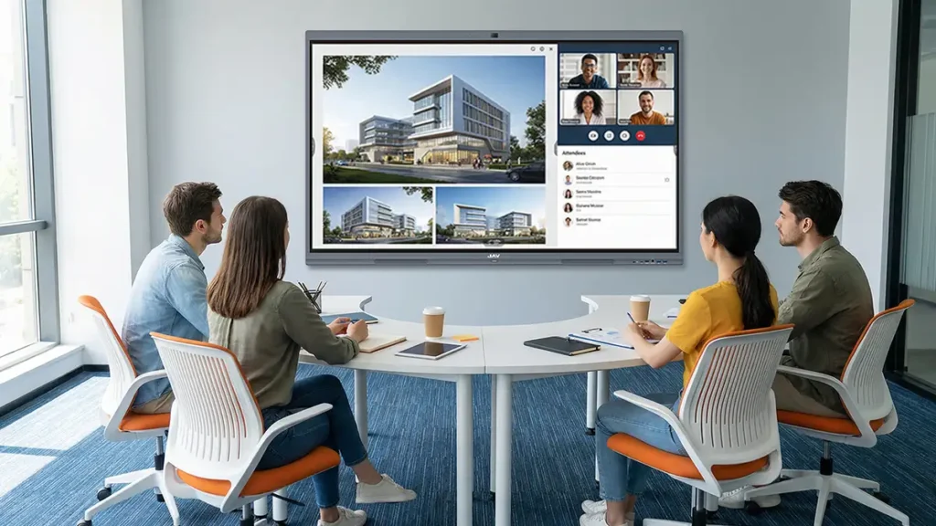 JAV Interactive display used in a hybrid meeting for remote work.