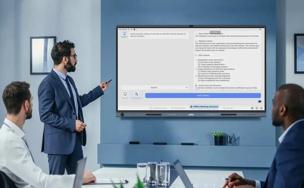 JAV Board 19 Interactive Display AI meeting minutes feature enabled.