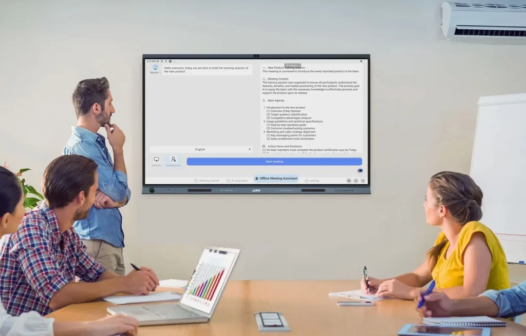 JAV Board 19 interactive display ai meeting minutes feature helping record and summarize meeting content.