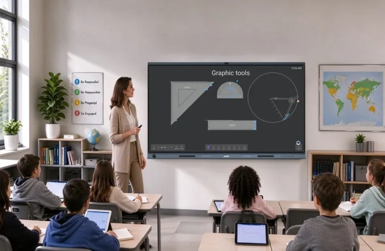 Teacher using JAV Board 19 interactive whiteboard for geometry class