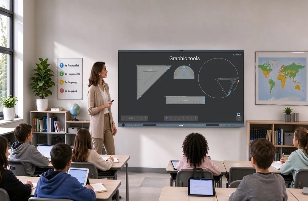Teacher using JAV Board 19 interactive whiteboard for geometry class